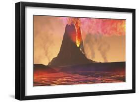 Rivers of Lava Flow from an Old Volcano as it Erupts-null-Framed Art Print