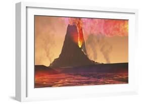 Rivers of Lava Flow from an Old Volcano as it Erupts-null-Framed Art Print