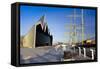 Riverside Museum and docked ship The Glenlee, River Clyde, Glasgow, Scotland, United Kingdom, Europ-John Guidi-Framed Stretched Canvas