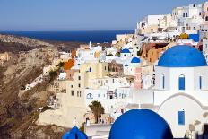 Blue Dome Churches and Cyclades Architecture Oia Ia Santorini Greek Islands-rj lerich-Mounted Photographic Print