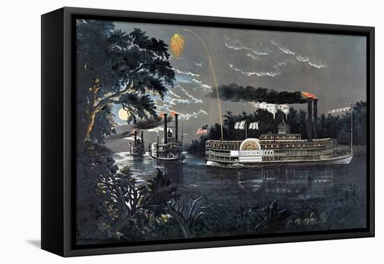 Rl 27835 Rounding a Bend on the Mississippi Steamboat Queen of the West-Currier & Ives-Framed Stretched Canvas