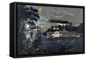 Rl 27835 Rounding a Bend on the Mississippi Steamboat Queen of the West-Currier & Ives-Framed Stretched Canvas