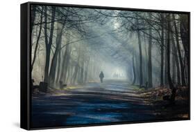 Road and Sunbeams in Strong Fog in the Forest, Poland.-Curioso Travel Photography-Framed Stretched Canvas