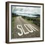 Road leading to the ocean with 'slow' painted on it-null-Framed Photographic Print