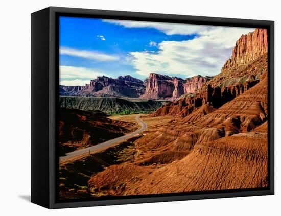 Road passing through rocky desert, Capitol Reef National Park, Utah, USA-null-Framed Stretched Canvas