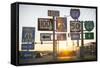 Road Sign at Sunset, Pacific, Missouri, USA. Route 66-Julien McRoberts-Framed Stretched Canvas