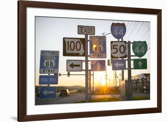 Road Sign at Sunset, Pacific, Missouri, USA. Route 66-Julien McRoberts-Framed Photographic Print