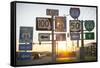 Road Sign at Sunset, Pacific, Missouri, USA. Route 66-Julien McRoberts-Framed Stretched Canvas