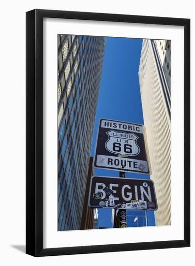 Road Sign at the Start of Route 66, Chicago, Illinois.-Jon Hicks-Framed Photographic Print