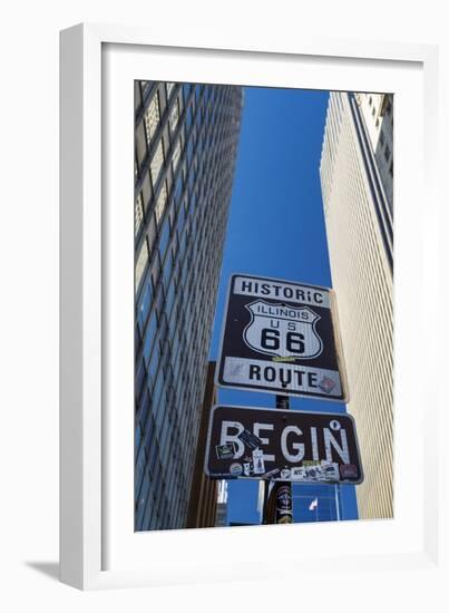 Road Sign at the Start of Route 66, Chicago, Illinois.-Jon Hicks-Framed Photographic Print