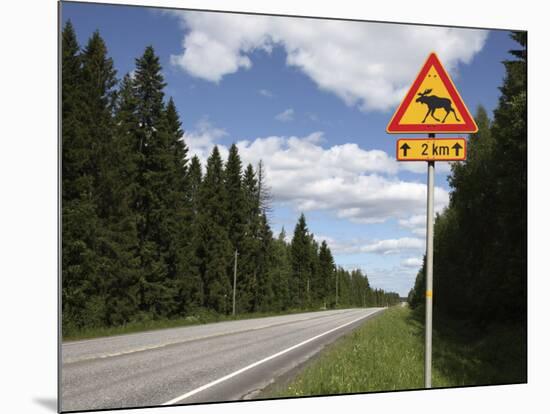 Road Sign for Elk Crossing, Highway Number 14, Punkaharju Ridge, Savonlinna-Dallas & John Heaton-Mounted Photographic Print