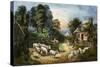 Roadside Cottage-Currier & Ives-Stretched Canvas