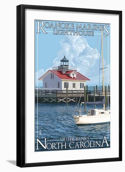 Roanoke Marshes Lighthouse - Outer Banks, North Carolina-Lantern Press-Framed Art Print