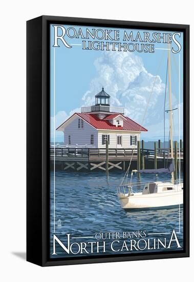 Roanoke Marshes Lighthouse - Outer Banks, North Carolina-Lantern Press-Framed Stretched Canvas