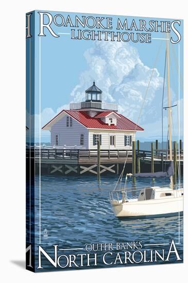 Roanoke Marshes Lighthouse - Outer Banks, North Carolina-Lantern Press-Stretched Canvas