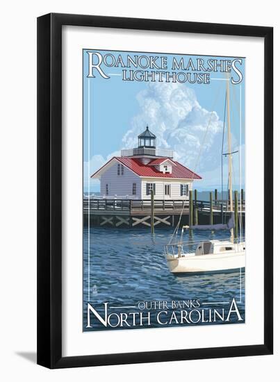 Roanoke Marshes Lighthouse - Outer Banks, North Carolina-Lantern Press-Framed Art Print