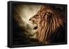 Roaring Lion Against Stormy Sky-null-Framed Poster