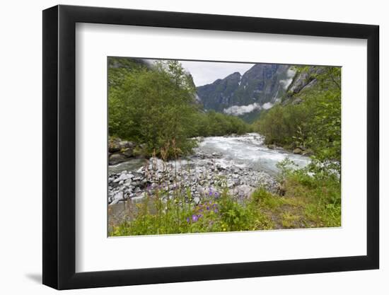 Roaring River, Wildflowers and Mountains, Lodal Valley Near Kjenndalen Glacier-Eleanor Scriven-Framed Photographic Print