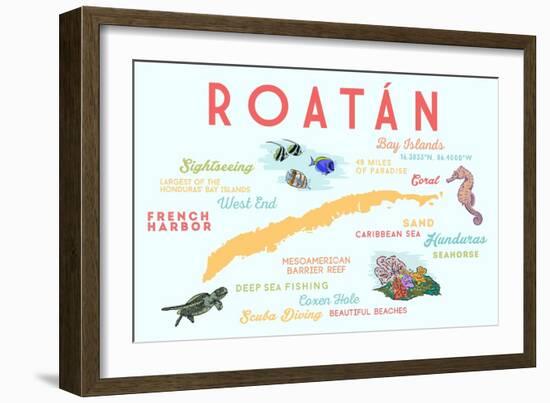 Roatan - Typography and Icons-Lantern Press-Framed Art Print