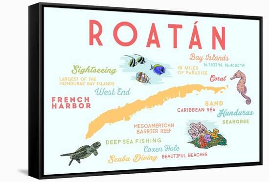 Roatan - Typography and Icons-Lantern Press-Framed Stretched Canvas