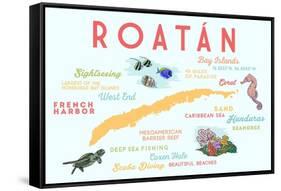 Roatan - Typography and Icons-Lantern Press-Framed Stretched Canvas