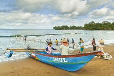 Outrigger Fishing Boat and People Pulling Net in by Hand to Shore Near Batu Karas-Rob-Photographic Print