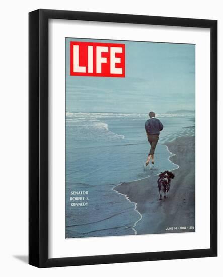 Robert F. Kennedy Jogging on the Beach with his Dog, June 14, 1968-Bill Eppridge-Framed Photographic Print