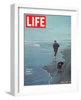 Robert F. Kennedy Jogging on the Beach with his Dog, June 14, 1968-Bill Eppridge-Framed Photographic Print