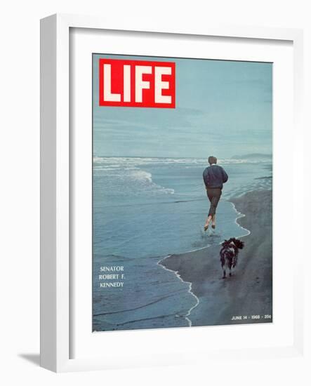 Robert F. Kennedy Jogging on the Beach with his Dog, June 14, 1968-Bill Eppridge-Framed Photographic Print