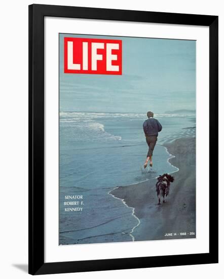 Robert F. Kennedy Jogging on the Beach with his Dog, June 14, 1968-Bill Eppridge-Framed Photographic Print