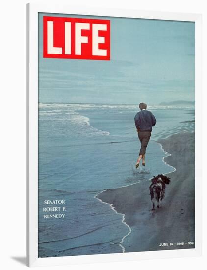 Robert F. Kennedy Jogging on the Beach with his Dog, June 14, 1968-Bill Eppridge-Framed Photographic Print