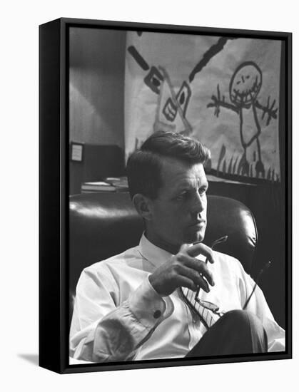 Robert F. Kennedy Sitting in Office in Front of Child's Painting-null-Framed Stretched Canvas