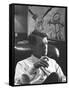 Robert F. Kennedy Sitting in Office in Front of Child's Painting-null-Framed Stretched Canvas