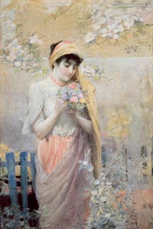 Study of a Girl with a Bouquet of Flowers in a Garden