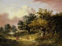 Wooded Landscape with Woman and Child Walking Down a Road (Oil on Panel)-Robert Ladbrooke-Mounted Giclee Print