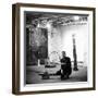 Robert Rauschenberg Sitting on His Sculpture in Studio, Among Other Paintings and Sculptures-Allan Grant-Framed Premium Photographic Print