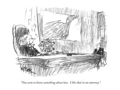 "You seem to know something about law.  I like that in an attorney." - New Yorker Cartoon
