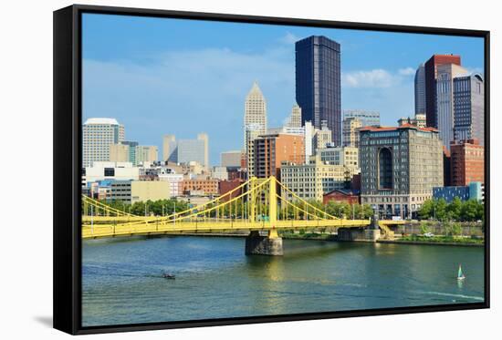Roberto Clemente Bridge and Skyscrapers in Downtown Pittsburgh, Pennsylvania, Usa.-SeanPavonePhoto-Framed Stretched Canvas
