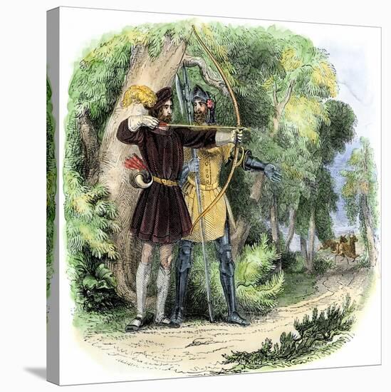 Robin Hood and Little John Hunting Deer in Sherwood Forest-null-Stretched Canvas