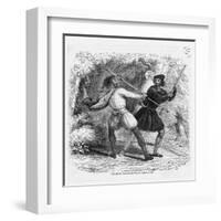 Robin Hood and the Tanner Fight with Quarterstaffs-null-Framed Art Print