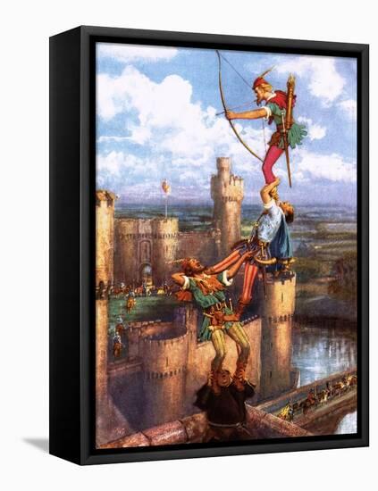 Robin Hood Shooting into Nottingham Castle-John Millar Watt-Framed Stretched Canvas