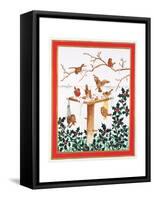 Robins and Sparrows at the Bird Table-Jeanne Maze-Framed Stretched Canvas