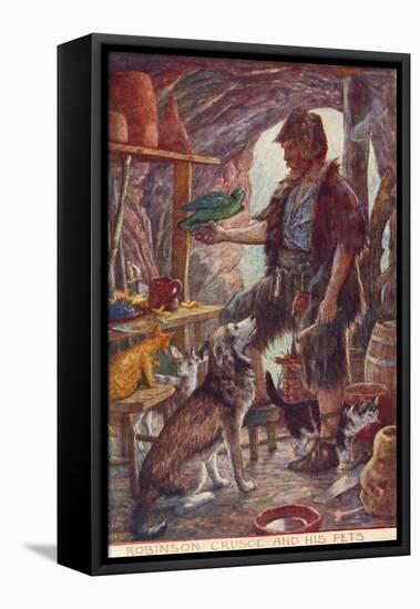 Robinson Crusoe and His Pets, from Adventures of Robinson Crusoe, Published 1908-null-Framed Stretched Canvas