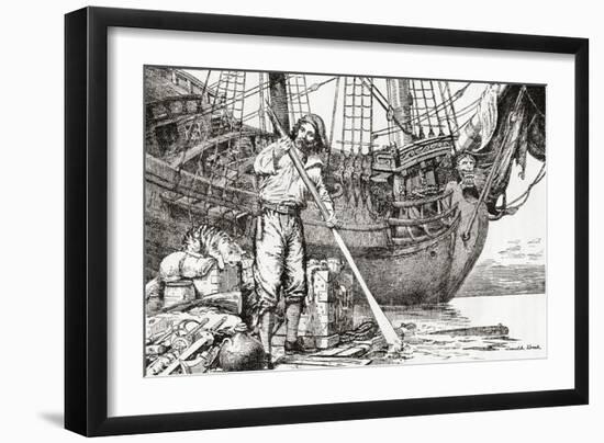 Robinson Crusoe Rowing to Safety on a Raft after Being Shipwrecked-null-Framed Giclee Print