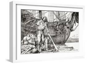 Robinson Crusoe Rowing to Safety on a Raft after Being Shipwrecked-null-Framed Giclee Print