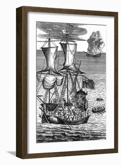 Robinson Crusoe Saves the Crew of a Ship on Fire at Sea, C1719-null-Framed Giclee Print