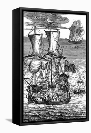 Robinson Crusoe Saves the Crew of a Ship on Fire at Sea, C1719-null-Framed Stretched Canvas