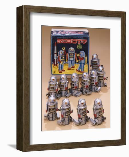 Robot 7. 11 Small Silver, Tin Litho., Wind-Up Walking Robots with Original Box-null-Framed Giclee Print