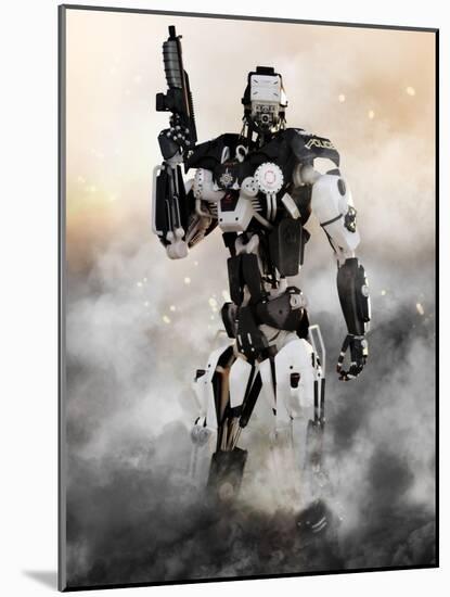 Robot Futuristic Police Armored Mech Weapon-Digital Storm-Mounted Art Print