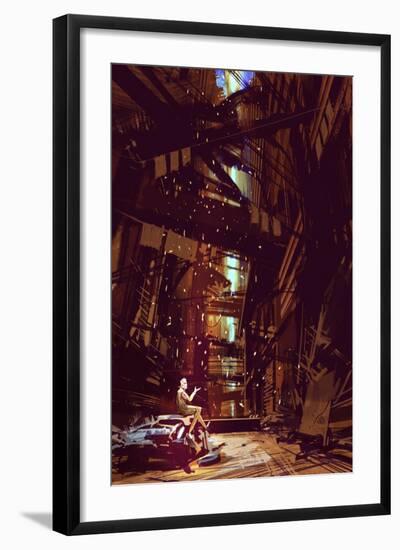 Robot Playing with falling Flower Petals in Ruined City,Digital Painting,Illustration-Tithi Luadthong-Framed Art Print